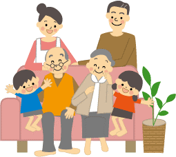 祖父母と女の子と男の子がソファーに座っていて、両親がその後ろに立っている様子のイラスト