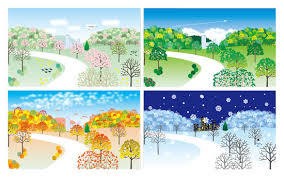 野山の風景を春夏秋冬ごとに描いた4枚のイラスト図