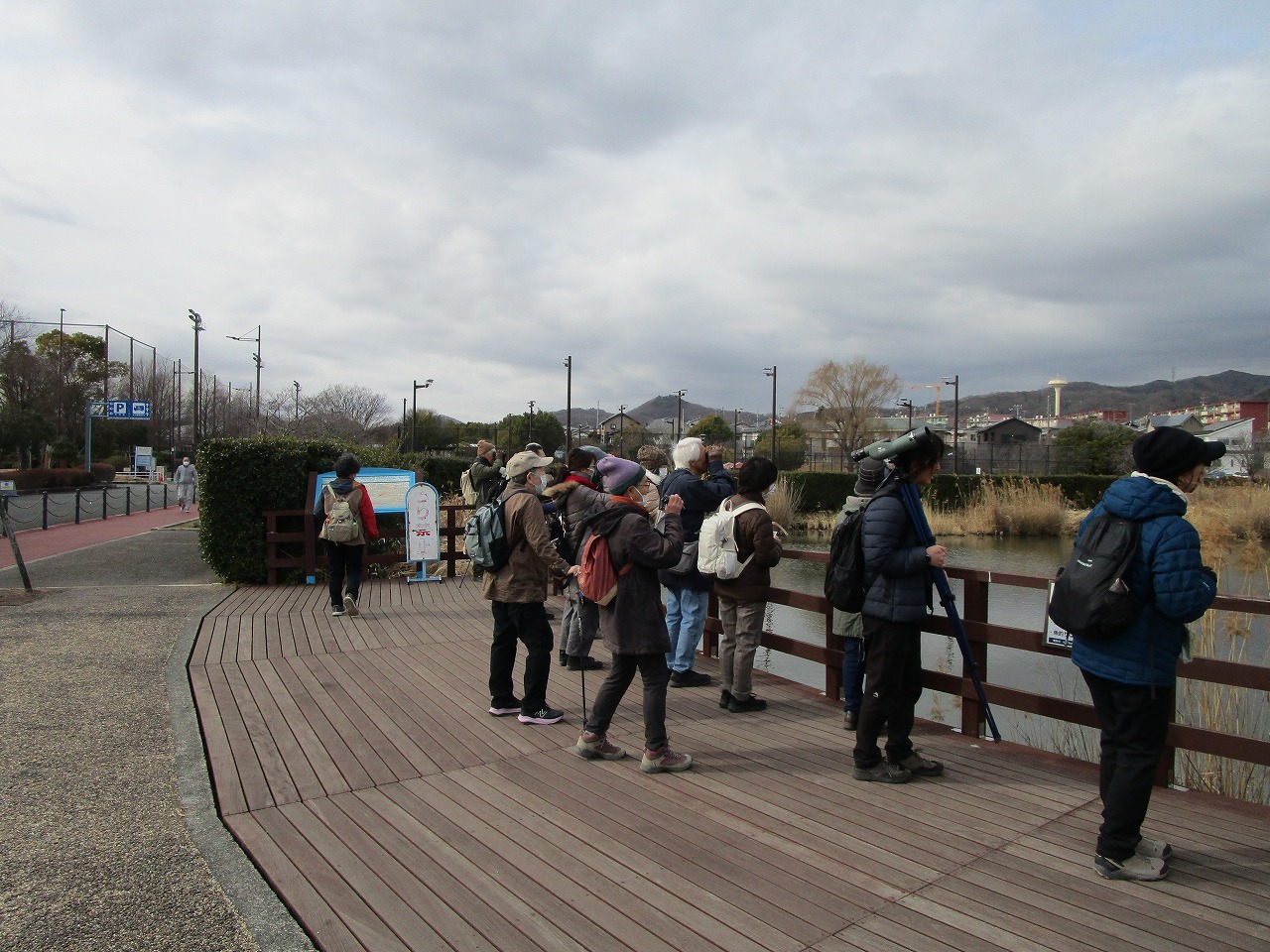 池の周りで大人数人が冬鳥を観察している