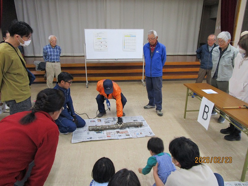 原木にシイタケを植菌している様子を聴講者が見ている。