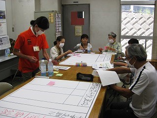 複数人がテーブルを囲んで座り、赤いポロシャツの女性が大きな紙に何かを記入しているのを、周囲の人々が一緒に確認している様子の写真