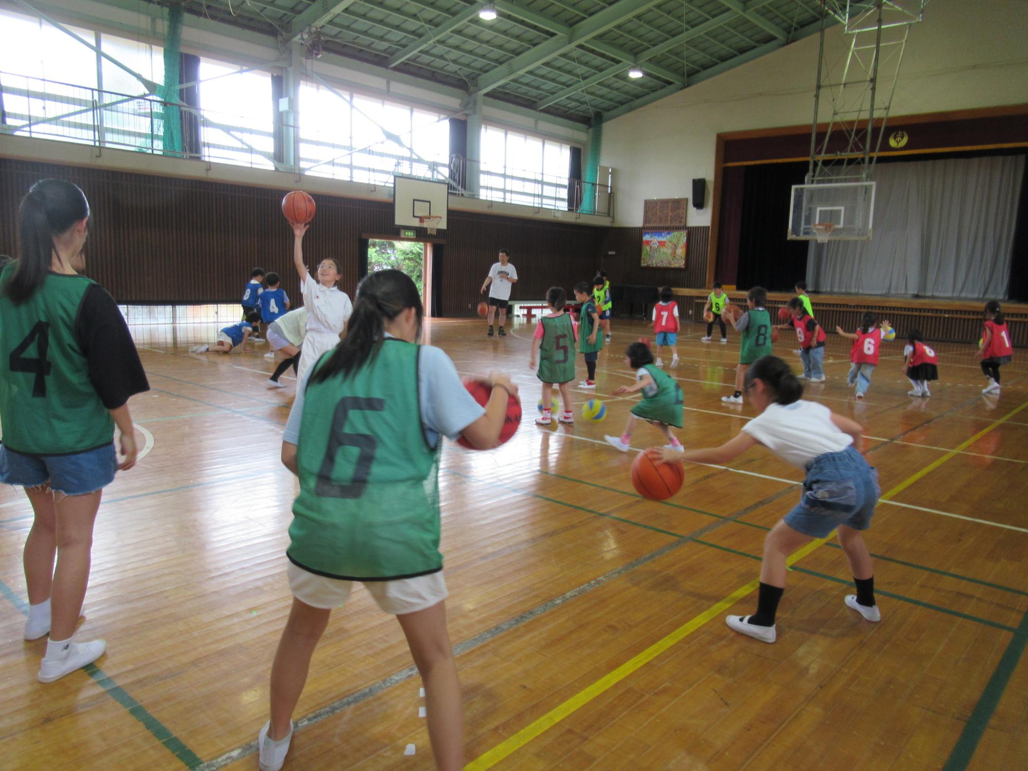 体育館の広いフロアで、多くの小学生ほどの子どもたちが緑や赤のビブスを着て、ドリブルやパスをしながらバスケットボールの練習やゲームを楽しんでいる、体育の授業やスポーツ教室の賑やかな活動風景の写真