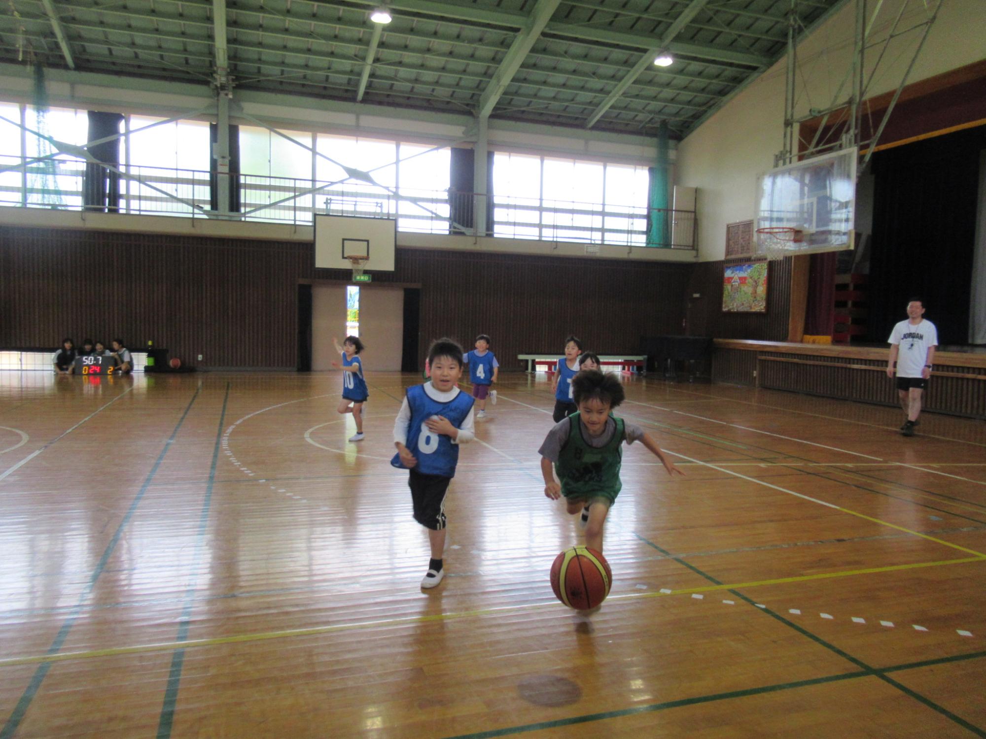 木目調の床の体育館で、小学校低学年らしき数人の子どもたちが青と緑のビブスを着て、一人の男の子がバスケットボールをドリブルしながら前進し、もう一人の男の子が追いかけている、バスケットボールの練習風景の写真