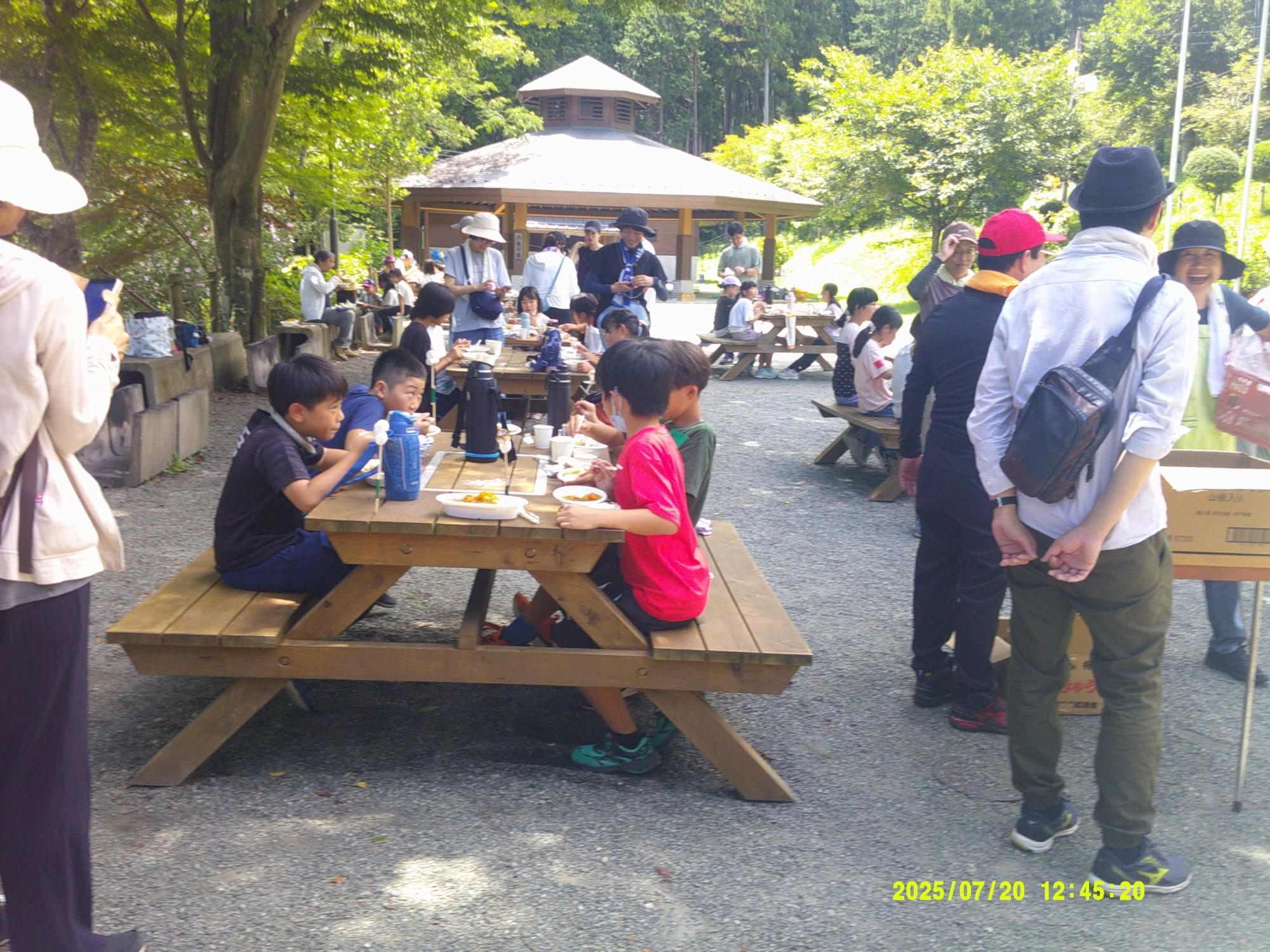 木製のピクニックテーブルを囲んで子供たちが食事をし、大人たちがその周りに立っている写真