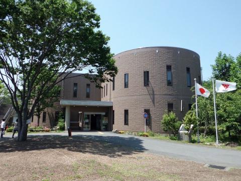 手前には広場と大きな木があり、右側には日本の国旗と白い旗が掲揚されている円筒形の茶色いレンガ調の壁が特徴的な近代的な建物の写真