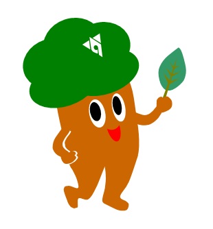 左手に緑の葉っぱを1枚持ち右手を腰にあてポーズをとっているもりりんのイラスト