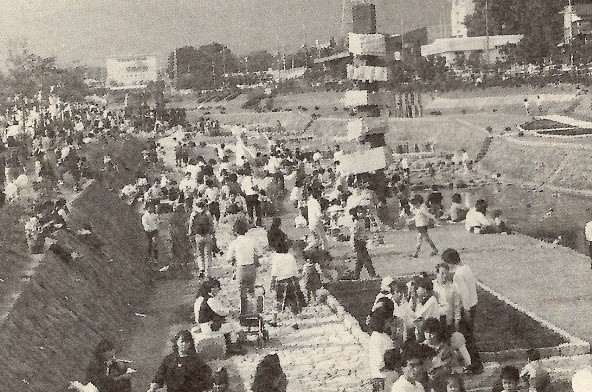 川岸の広場にたくさんの人々が集まり、多くの参加者が思い思いに歩いたり立ち止まったりしている、賑やかなイベントの様子を高台から撮影した白黒写真