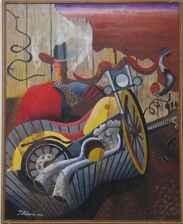 板張りの背景に壁西部劇を思わせるカウボーイハットを被った人物と、黄色いハーレーダビッドソンのバイクが描かれた美術の部で市展大賞を受賞した作品の写真