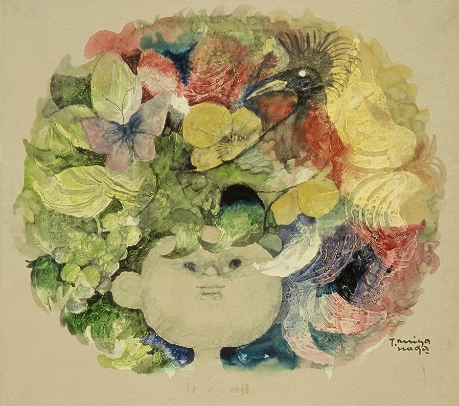 中央に幼い顔が大きく描かれ、その頭部や周囲に、蝶、鳥、羽、花、葉などの様々な自然の要素を、豊かな色彩の水彩で抽象的かつ幻想的に描き込んだ絵画作品の写真