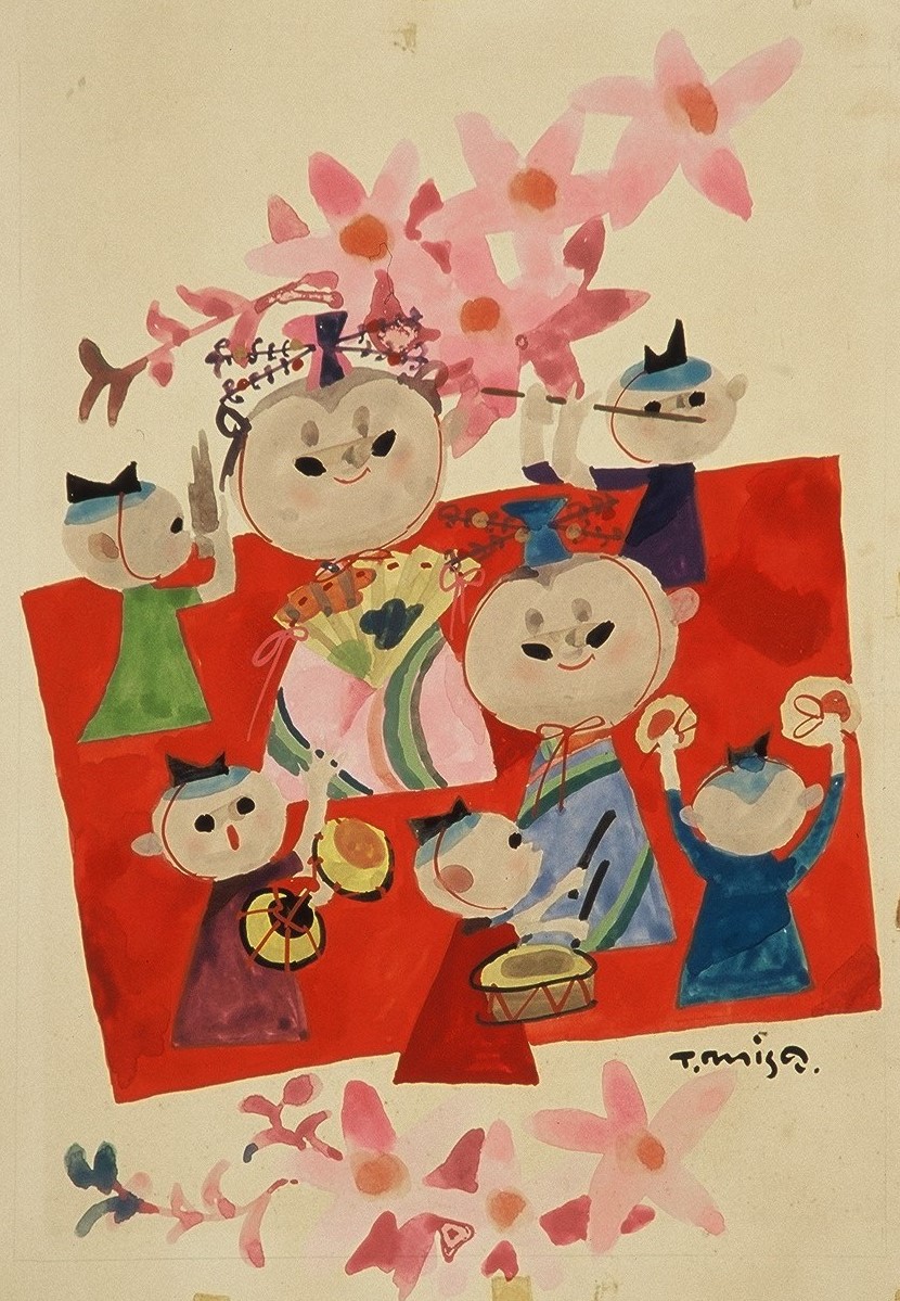 背景に桜のようなピンクの花が散りばめられた朱色の毛氈の上に、お雛様のような衣装と髪飾りをつけ、中央に団扇を持つお内裏様とお雛様を中心に、太鼓などの楽器を持ちながら周りで楽器を持って演奏してお祝いしている5名の子供たちが描かれた水彩画作品の写真