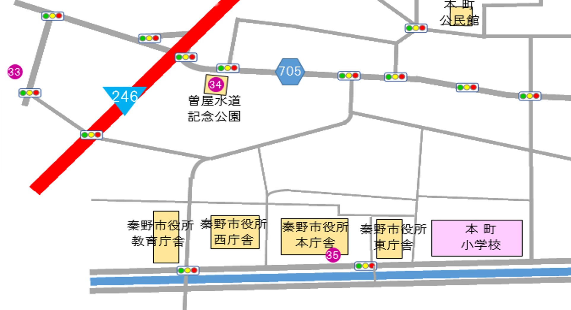 秦野市役所周辺に設置された彫刻の配置図