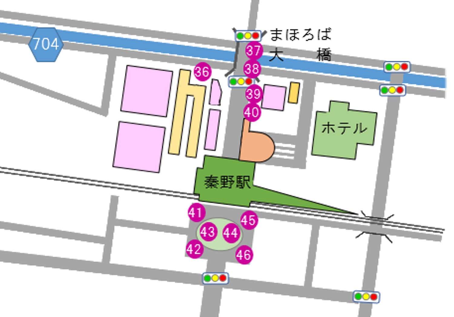 秦野駅周辺に設置された彫刻の配置図