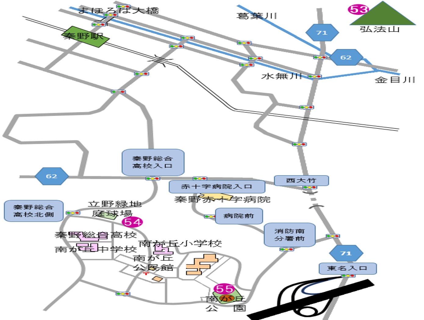 弘法山と南が丘地区周辺に設置された彫刻の配置図