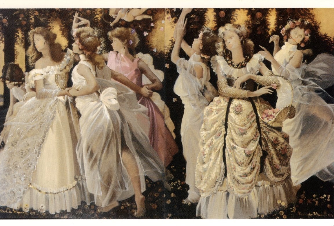 周囲に木々が生え、花が咲いている森の様な場所に、矢を持った羽の生えた天使が宙を飛び、白や金のドレスを身にまとった女性たちが輪になって優雅に踊っている様子を描いた幻想的で華やかな絵画作品の写真