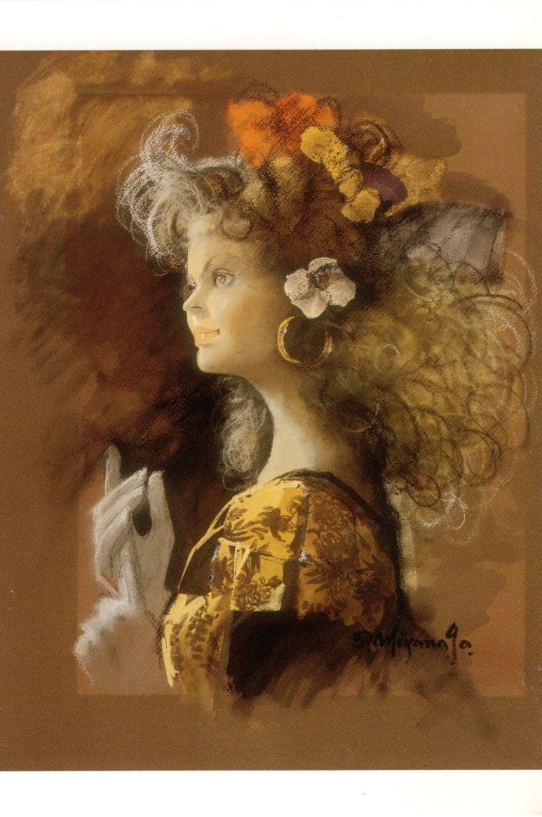 ふわふわの巻き髪にオレンジや黄色などのカラフルな花飾りをつけ、黄色い花柄のドレスを着て白い手袋をはめた女性が横顔で微笑んでいる様子を、柔らかなタッチで描いた 作品の写真