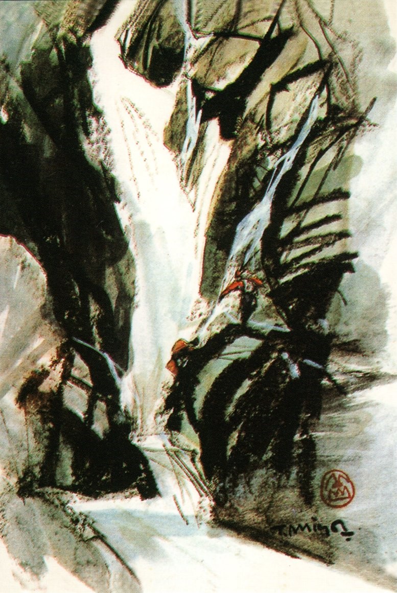 白い背景に、黒、グレー、茶色などの濃い色で、ごつごつとした岩や急な崖のようなものが描かれ、その中央に力強く流れ落ちる滝が表現されている、水墨画作品の写真