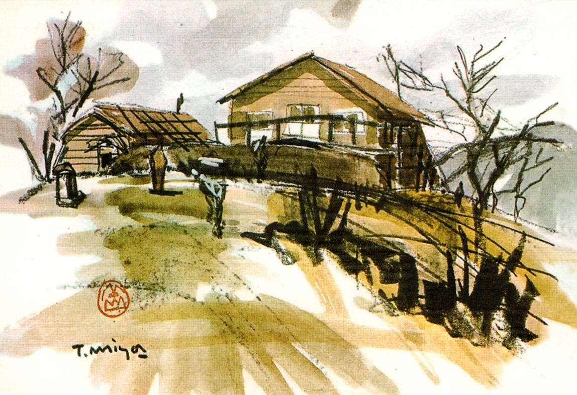 くすんだ茶色や緑を基調とした、寂しげな冬の風景の中で、雪に覆われた傾斜に沿って簡素な造りの家屋と小屋が描かれ、道の途中に小さな人物が立っている様子を捉えた、水彩画作品の写真