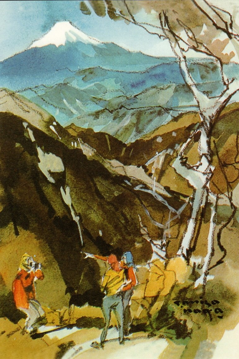 雪を冠した山を背景に、険しい山道に立つ三人の登山者が描かれており、一人がカメラを構え、残りの二人が指さしをしながら会話している様子を、暗めの色彩で描いた水彩画作品の写真