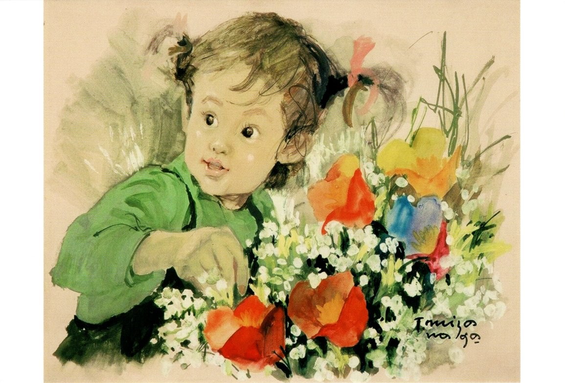 おさげ髪でリボンをつけた女の子が、緑色の服を着て、赤いポピーのような花や、白くて小さな花が咲く色彩豊かな花束の花にそっと手を伸ばす姿が描かれた水彩画作品の写真