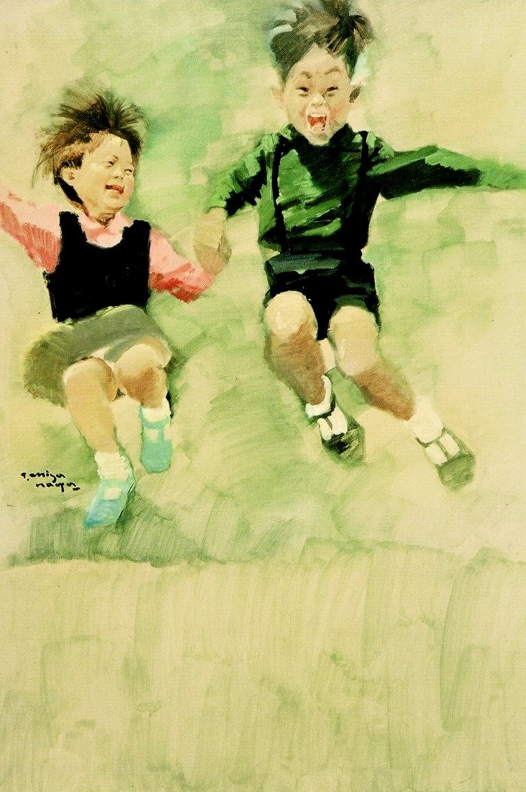 明るい緑の背景の中で、笑顔で男の子と女の子が手を繋いで飛び跳ね、躍動感あふれる動きが、淡いタッチの水彩で描かれた作品の写真