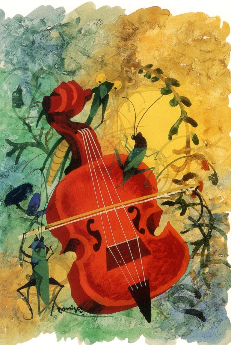 叢にたけかけてあるバイオリンに物珍しそうに集まった、バッタやキリギリスがを演奏している様子を描いた、童話や寓話の一場面のようなファンタジーイラスト作品の写真