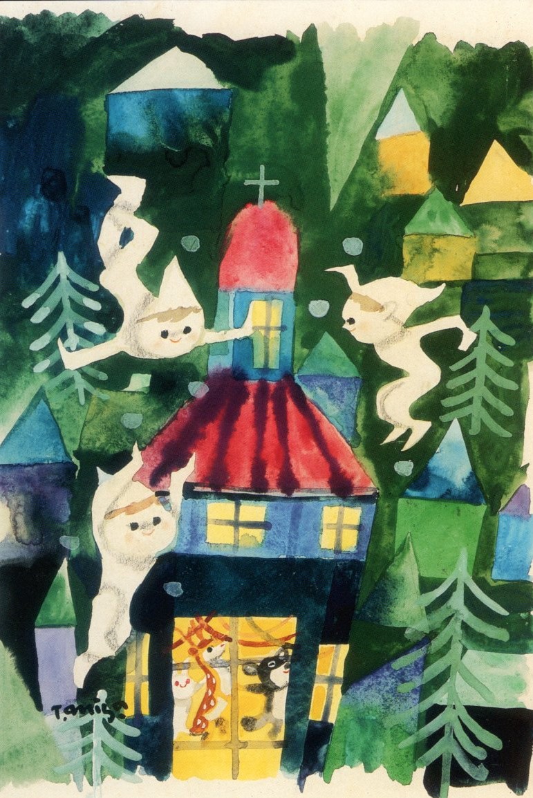 濃い緑色を基調とした背景に、赤い屋根の教会と水色や黄色の家々が立つクリスマスの風景が描かれ、教会の周りを天使のような白いキャラクターが飛び回り、窓からは鹿やうさぎなどの動物がパーティーを楽しんでいる様子を描いた水彩画作品の写真