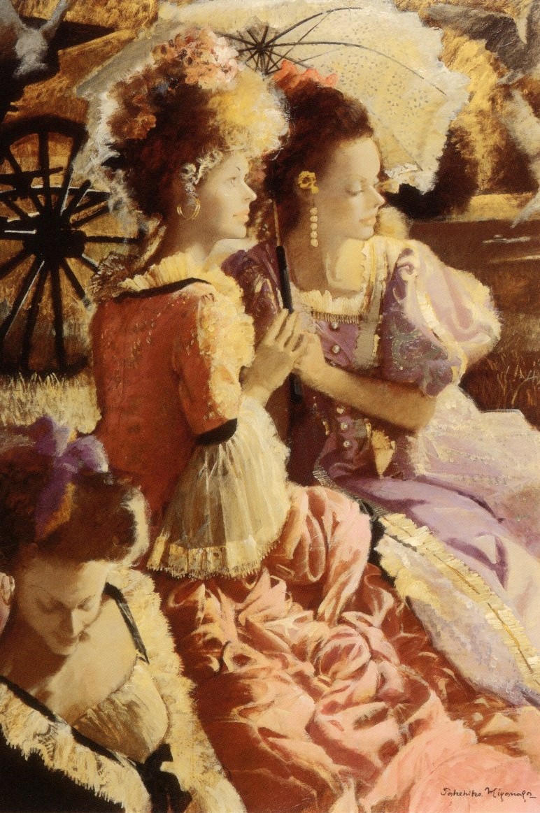 馬車のような車輪が描かれた背景の前に、優雅なドレスを着た3人の女性が白い鳥が飛んでいる水辺の叢の上に座り、2人の女性が一緒にパラソルをさし休憩している、クラシカルな雰囲気の絵画作品の写真