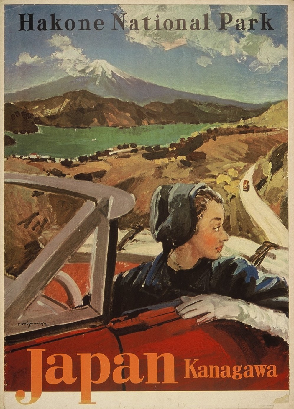 雲一つない青空の下、雪化粧をした富士山と、その手前の山々と湖を背景に、スカーフを巻いた女性が赤いオープンカーを運転しながら風景を眺めている観光ポスター風のレトロな油彩画作品の写真