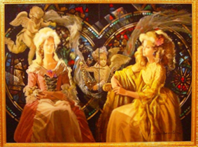 周りには羽の生えた天使や楽器を奏でる天使が飛んでいる配されたステンドグラスを背景に、椅子に座ったピンクと黄色の豪奢なドレスを着た二人のブロンド髪の女性が幻想的に描かれた油彩画作品の写真