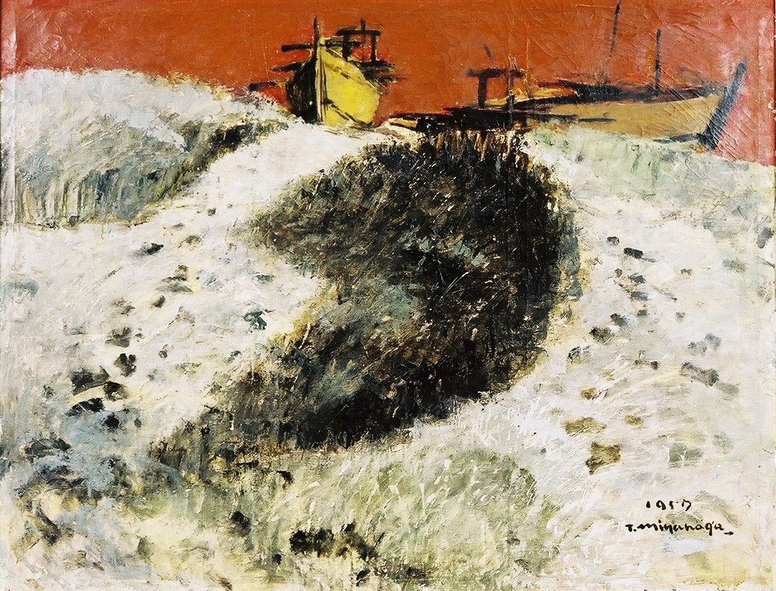 朱色に塗られた背景に、強風で嵐のような波しぶきが舞う海に、二隻の白い船と黄色い船が走行しており、油絵特有の厚い筆致で波の荒々しい動きを表現した絵画作品の写真