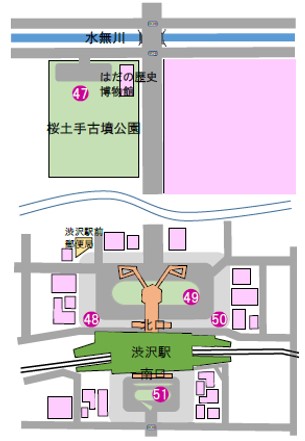 桜土手古墳公園と渋沢駅周辺に設置された彫刻の配置図