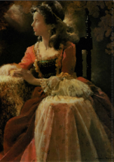 赤いスカートと白いフリルを重ねた豪華なドレスをまとった女性が、椅子に座って遠くを見つめる様子を描いた、クラシックでエレガントな肖像画作品が描かれたクリアファイル表面の画像