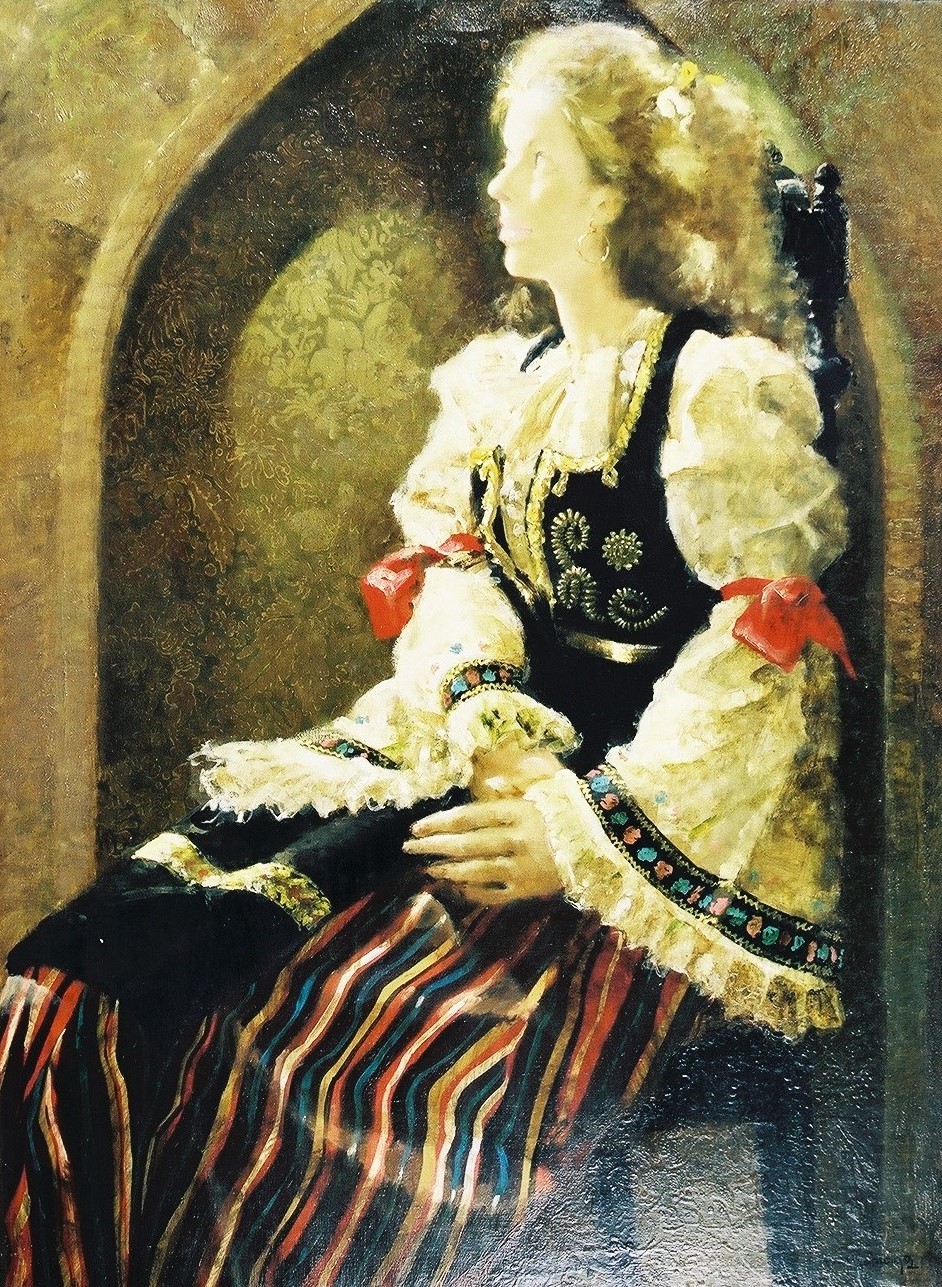 アーチ型の枠の前の黒い椅子に座っている、赤いリボンがついた白いフリルとストライプ柄のスカートの民族衣装の様な服を身にまとった女性が、光が差し込む先を静かに見つめ佇んでいる様子を描いた作品の写真