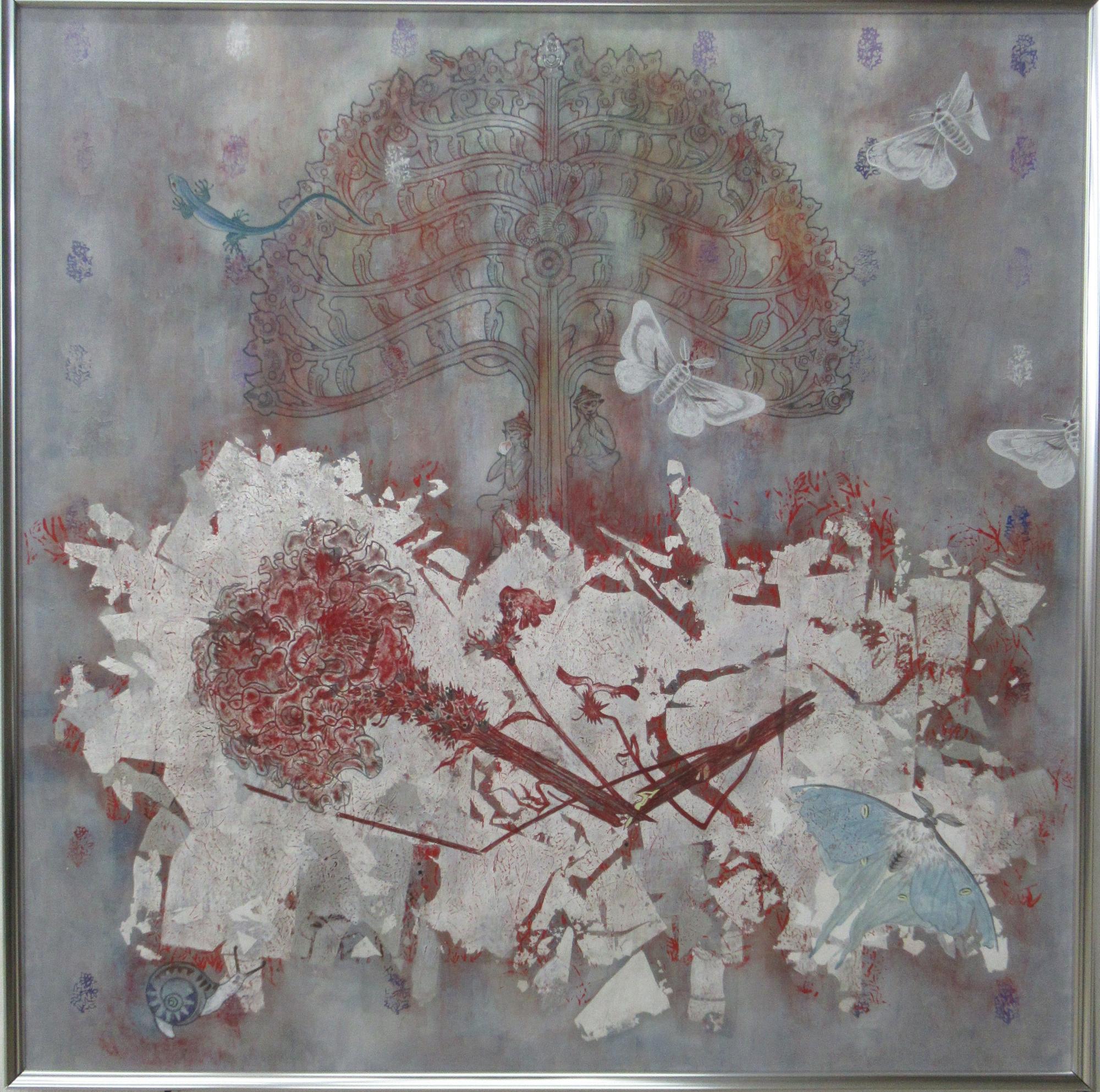 お経を唱えた2人の人物が大きな木の下で足を組み、白で表現した涅槃の周りに、様々な昆虫や白い蝶が舞っている様子を描いた美術の部で市展大賞を受賞した作品の写真