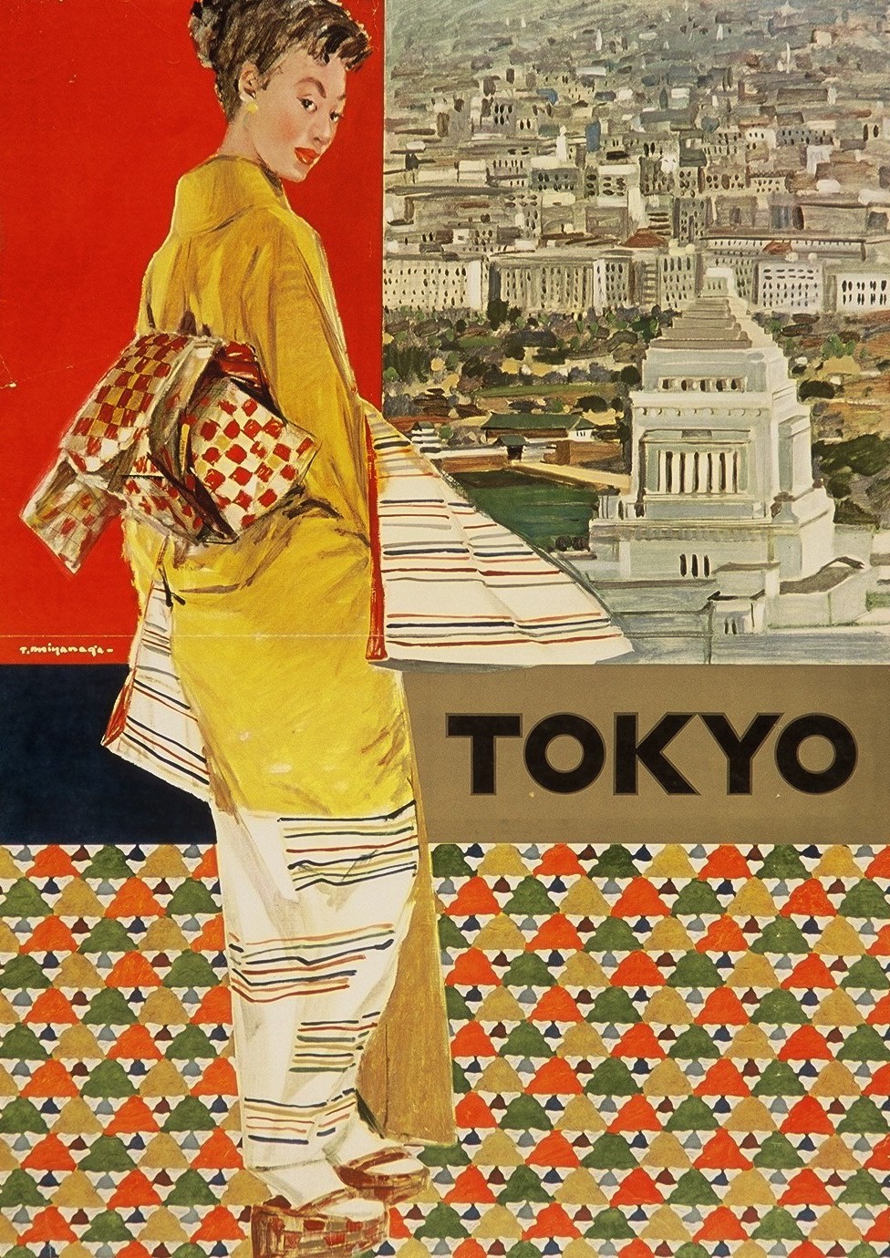 「TOKYO」と書かれた中央の帯びの右上に東京の街並みと国会議事堂が描かれ、左側に明るい黄色の着物を着た女性が振り返って立っている、昭和の雰囲気が漂うレトロなポスター