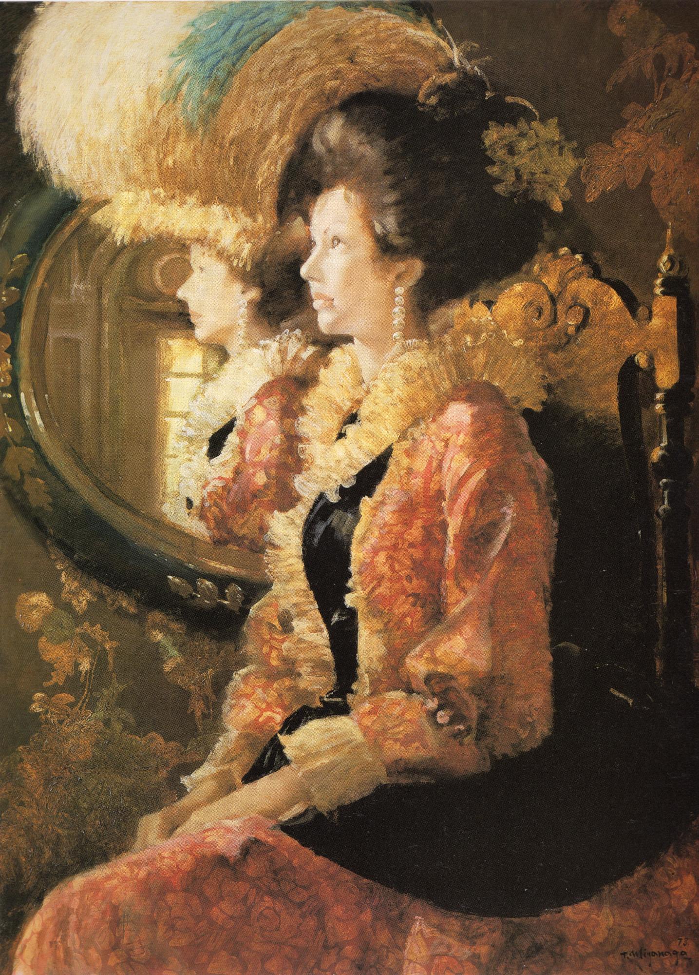 豪華な椅子に腰掛けている襟元にフリルがついたオレンジ色のドレスを身にまとった女性が、横顔を鏡に映しながら遠くを見つめている様子を描いた作品の写真