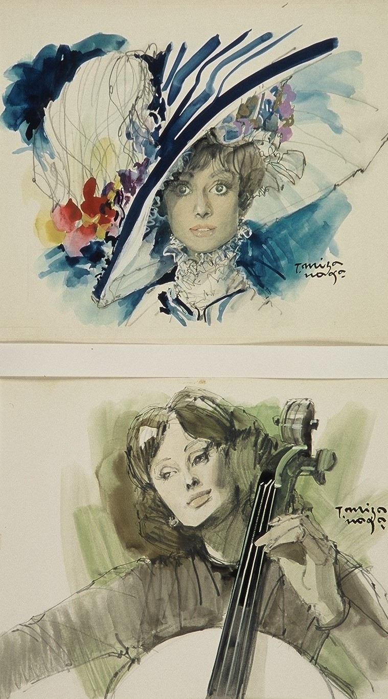二つの異なるオードリーヘップバーンを描いた水彩画が並んでおり、上部にはカラフルな花飾りのついた大きな帽子を斜めに被った映画「マイフェアレディ」の肖像画を描いた作品、下部には落ち着いた色調で描かれた、チェロを弾きながら遠くを見つめている映画「昼下がりの情事」のワンシーンの姿が描かれた作品