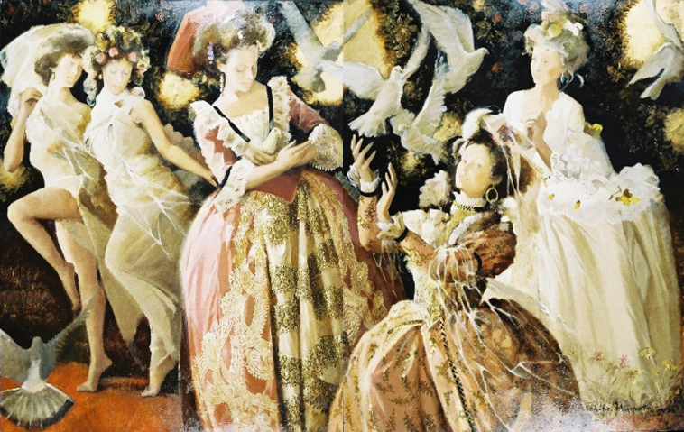 豪華なドレスをまとった複数の女性たちが鳩とともに描かれており、中央に座った女性が手から鳩を解き放ち、その様子が優雅で幻想的な雰囲気で表現された絵画作品の写真