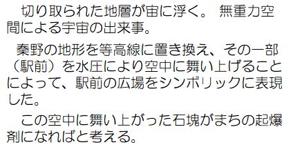 切り取られた地層が宙に浮く。無重力空間による宇宙の出来事。秦野の地形を等高線に置き換え、その一部（駅前）を水圧により空中に舞い上げることによって、駅前の広場をシンボリックに表現した。この空中に舞い上がった石塊がまちの起爆剤になればと考える。