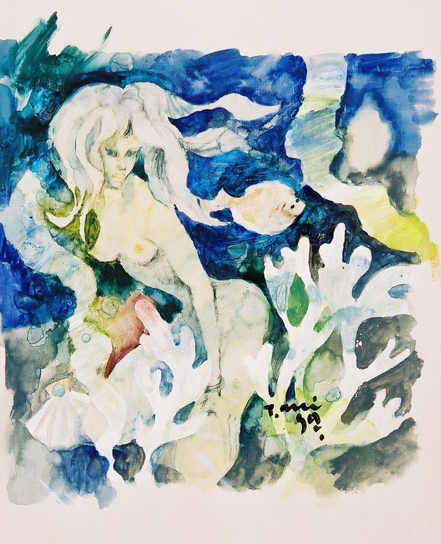 長く白い髪の裸の女性が海底で珊瑚や貝殻に囲まれており、水面には魚が泳ぐ様子を、青と緑を基調にした淡い色彩で描かれた水彩画作品の写真