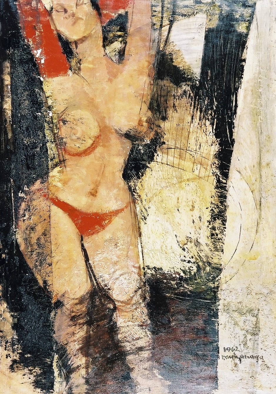 赤色と黒色が主体となった背景の中に、赤い下着をつけた女性の半身像が浮かび上がるように表現されている、力強い筆致で抽象的な裸婦画を描いた絵画作品の写真