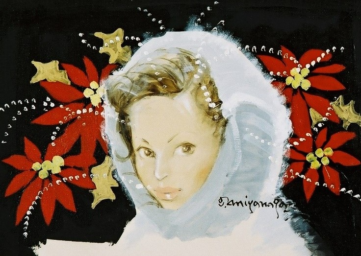 黒を背景に赤いポインセチアと金色に施されたヒイラギの葉の装飾が散りばめられ、白い毛糸で編まれたようなフードをかぶった間から少し茶色い髪が見え、おでこを出したキュートな女性の顔が描かれており、その上を白い小さな点で方々に曲線が描かれているクリスマスを連想させる水彩画作品の写真