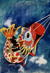 雲が浮かぶ青空を背景に、かわいらしいクマとサルを背に乗せた大きな赤い鯉のぼりが楽しそうに泳いでいる様子を描いた、子供向け絵本のようなタッチのイラスト