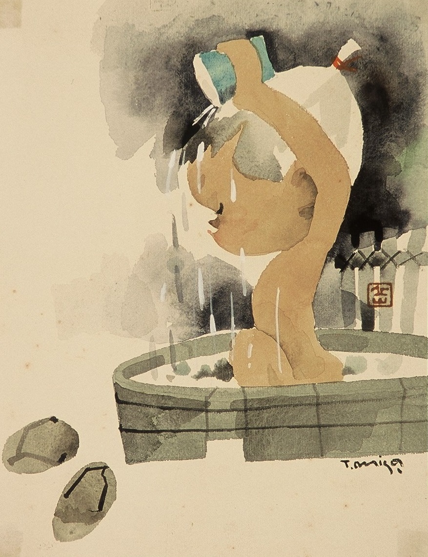 傍に草履が脱ぎ捨ててある水が入ったたらいに裸で行水している小さな男の子が頭から水をかぶっている横から描いた姿を、淡い水彩の筆致で描いており、全体が落ち着いた色合いで表現されている水彩画