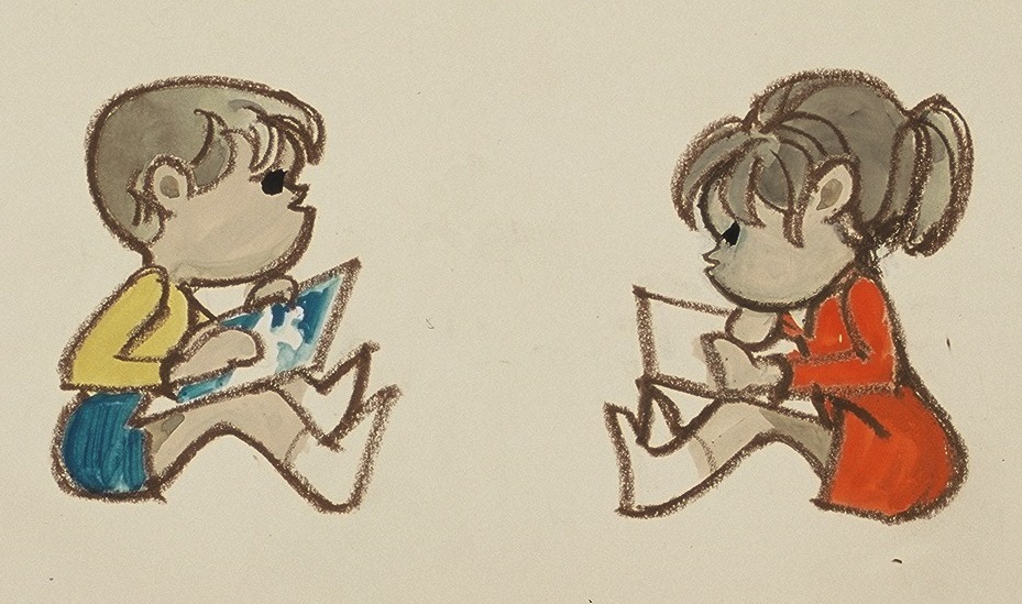 床に向き合って座っている黄色の服と青色の短パンを履いた男の子と赤色のワンピースを着た女の子が、絵を描いている様子を描いた作品の写真