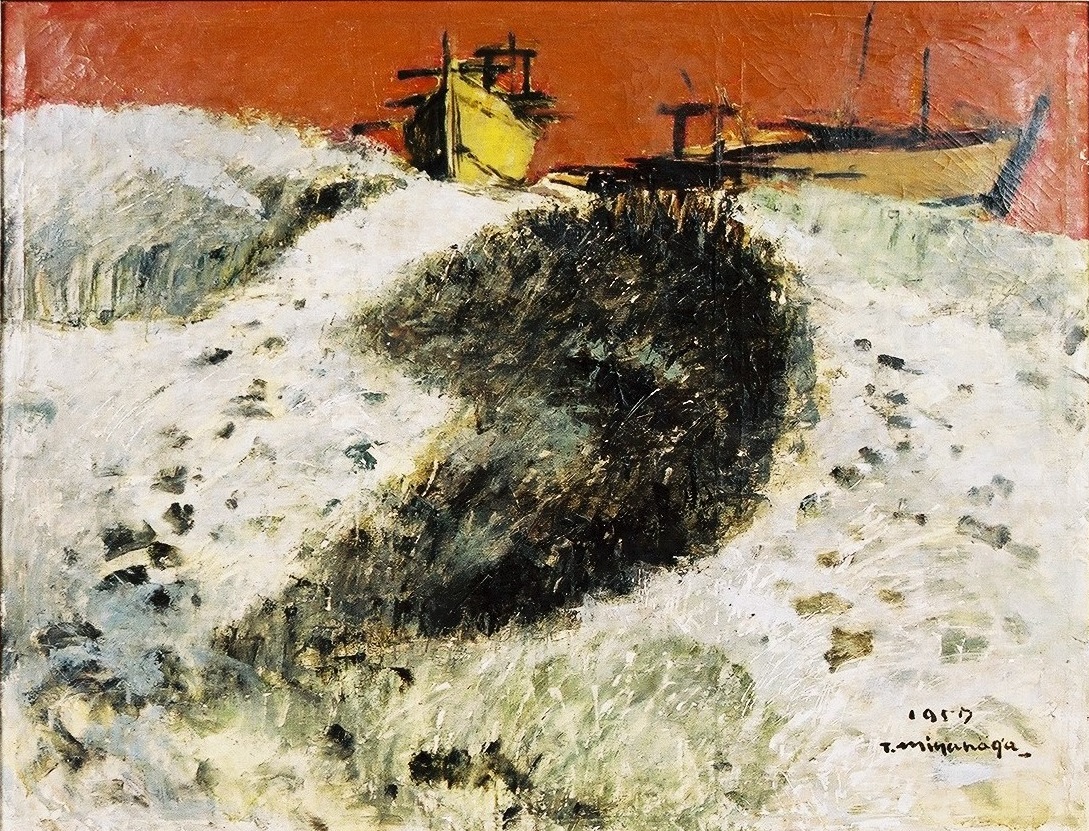 朱色に塗られた背景に、強風で嵐のような波しぶきが舞う海に、二隻の白い船と黄色い船が走行しており、油絵特有の厚い筆致で波の荒々しい動きを表現した絵画作品の写真