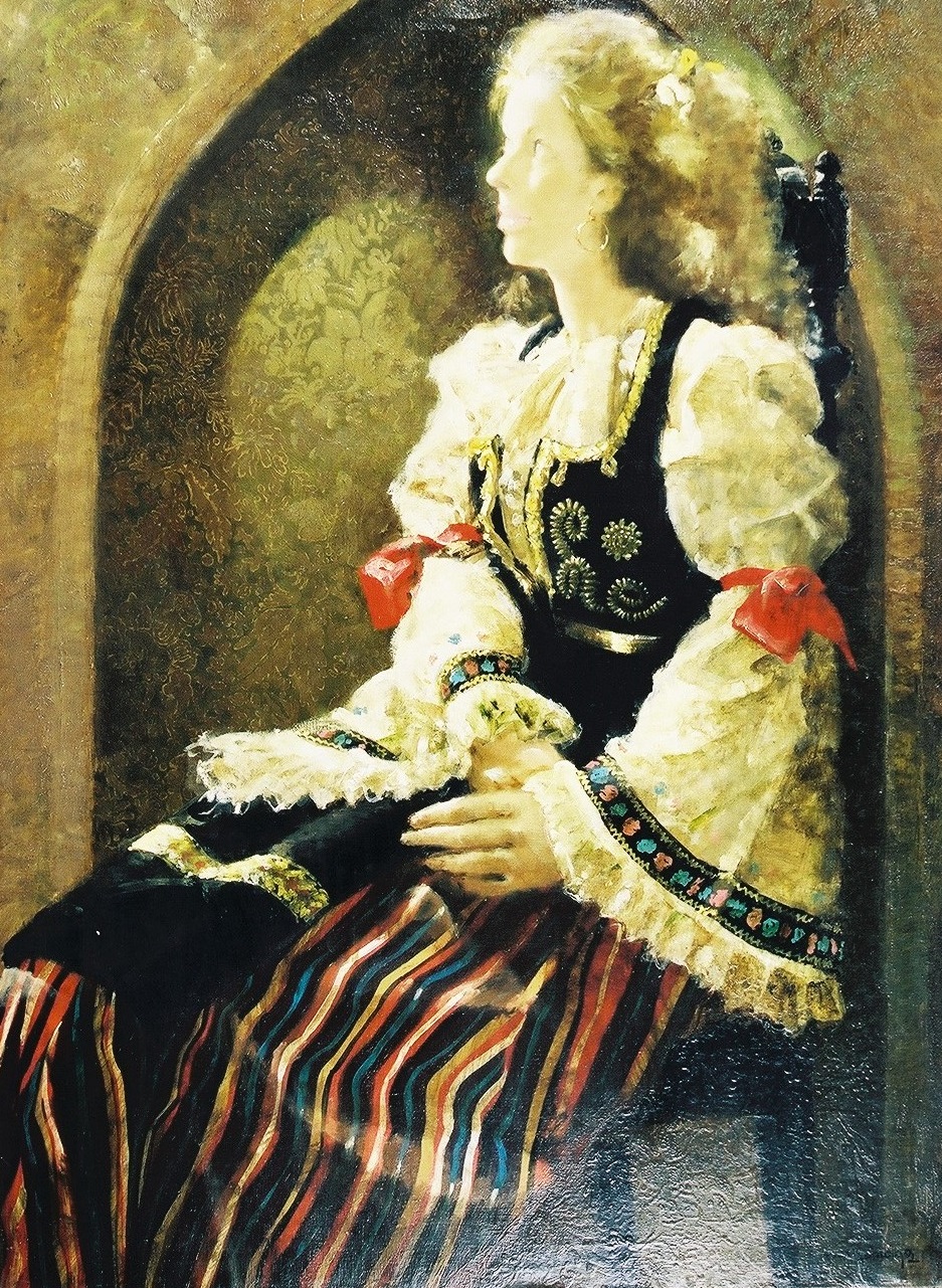 アーチ型の枠の前の黒い椅子に座っている、赤いリボンがついた白いフリルとストライプ柄のスカートの民族衣装の様な服を身にまとった女性が、光が差し込む先を静かに見つめ佇んでいる様子を描いた作品の写真