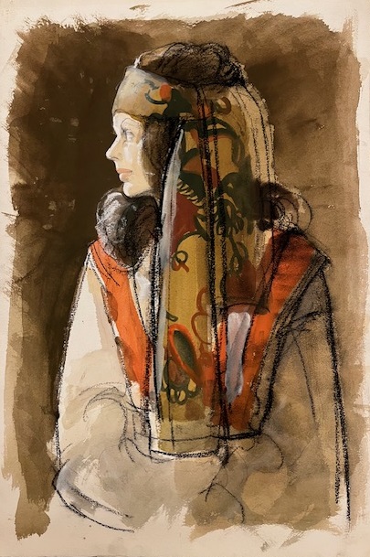 民族衣装を身につけた女性が、複雑な模様の布をおでこに結び、遠くを見つめている横顔を描いた、力強い筆致が特徴的なデッサンの写真