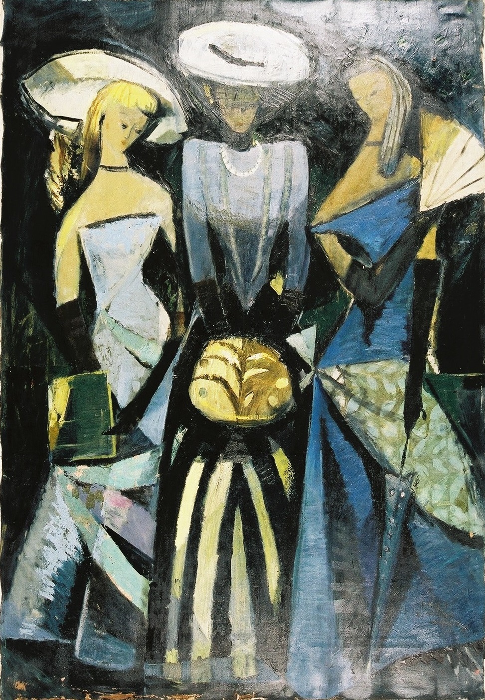 ドレスと帽子を身につけた3人の女性が、それぞれ白いパラソル、真珠のネックレス、そして大きなバッグを持って立っている姿を、筆跡の荒いタッチで表現した油絵作品の写真