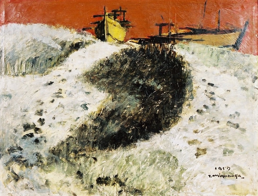 オレンジ色の背景で激しいタッチで描かれた荒々しい白波と、その向こうに2艘の黄色い船が描かれている、嵐の海をテーマにした油絵作品の写真